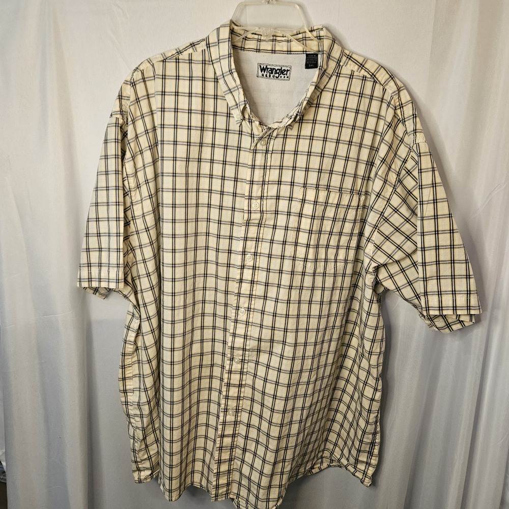 Wrangler 3XL Shirt Hero Western Short Sl Button Front White Yellow Blue Checked
